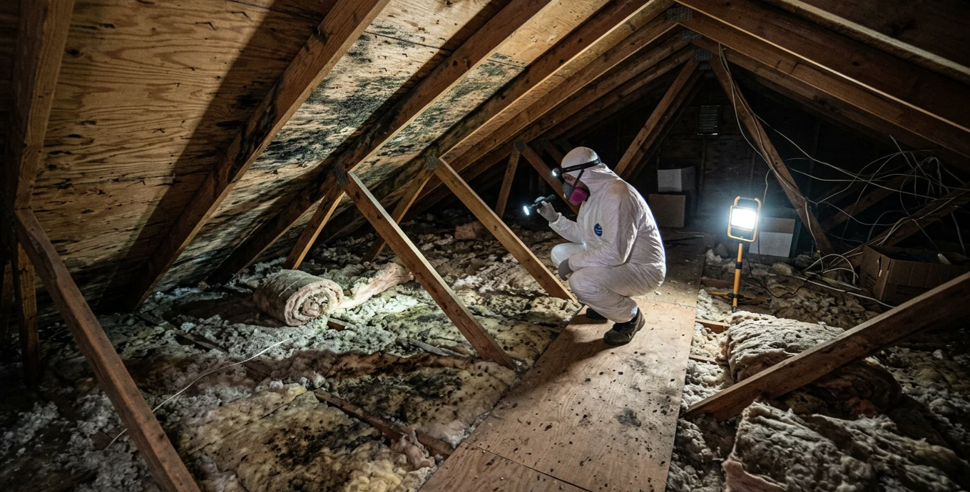 Canadian Insulation Experts technician inspecting mold and damaged insulation in a Toronto attic