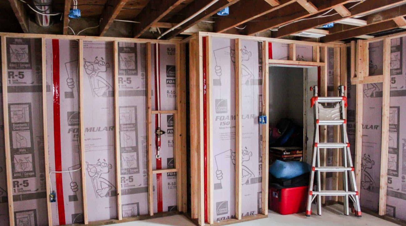Basement walls framed and insulated with R-5 foam board by Canadian Insulation Experts in the GTA