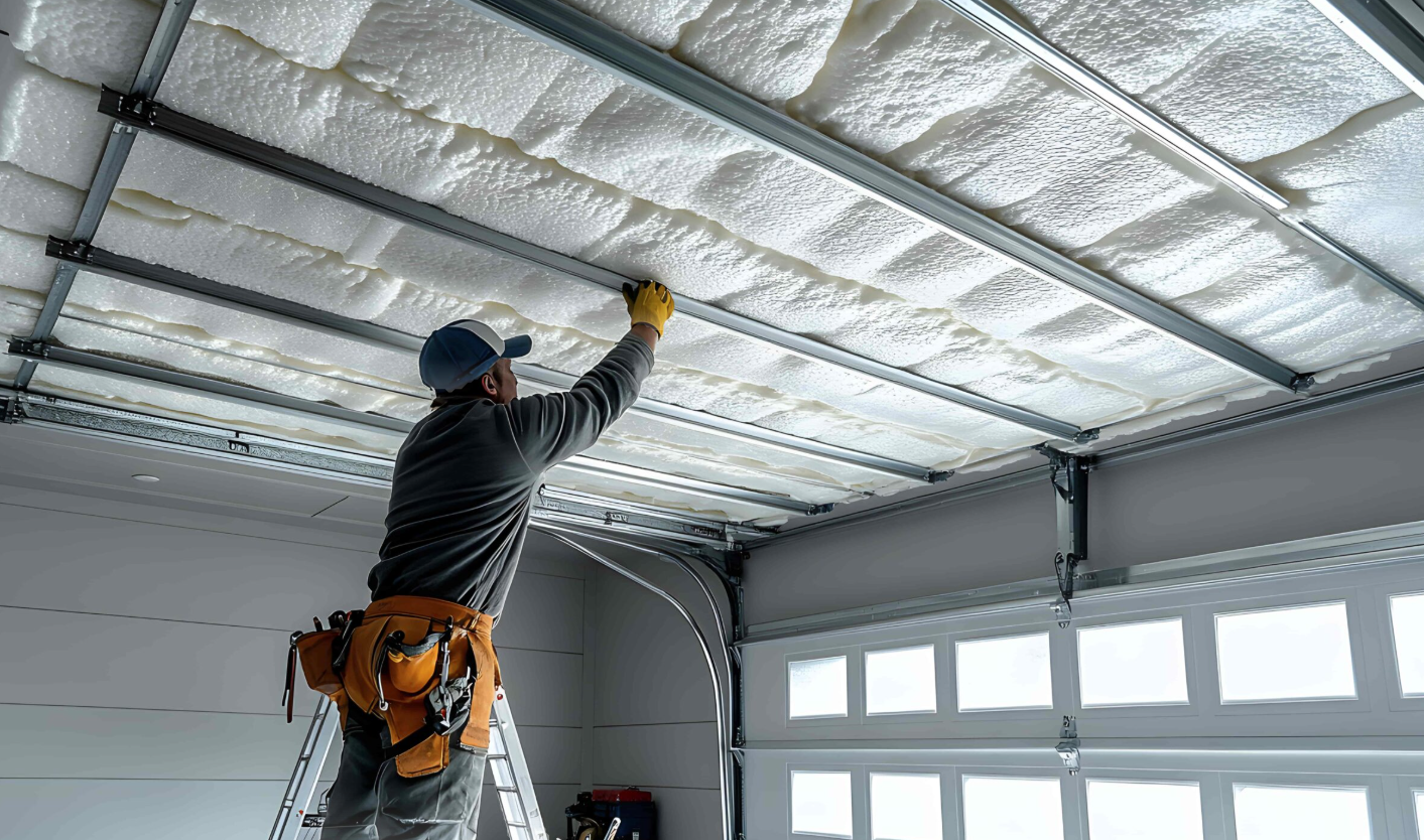 Canadian Insulation Experts technician spray-foaming a garage ceiling in the GTA